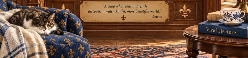 A cozy reading corner with an armchair, a cat, and a cup of tea — "A child who reads in French discovers a wider, kinder, more beautiful world." — Ninette